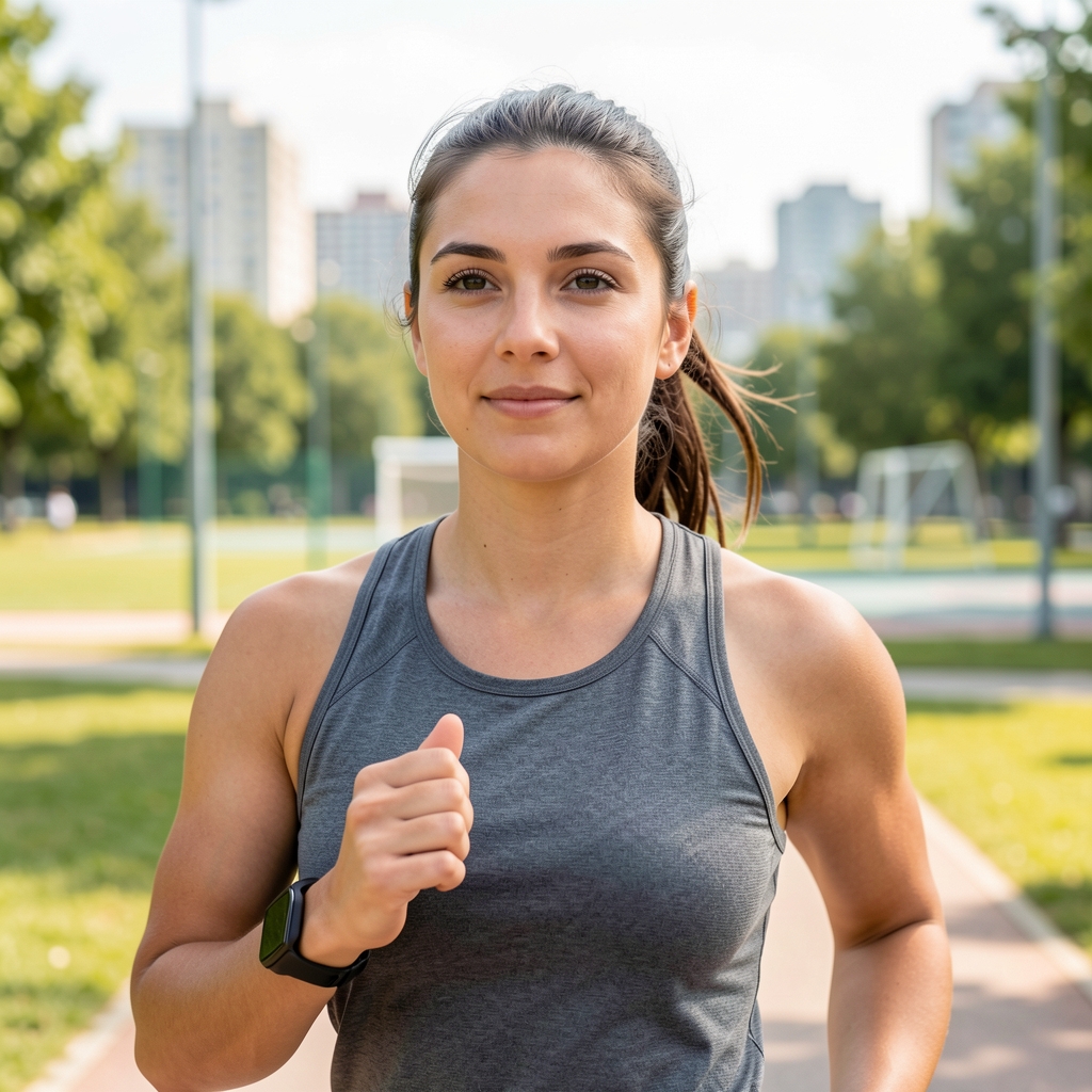 Weitwinkelaufnahme eines hellen Sportparks – Person beim Joggen in mittlerer Distanz ohne Gesichtsfokus, ruhige Stadtparkumgebung