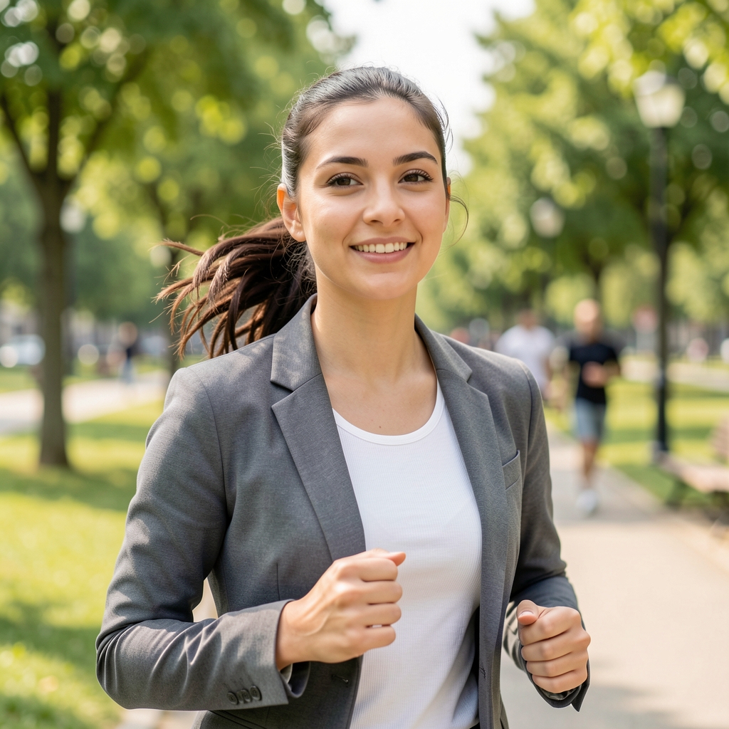 Ruhige Outdoor-Szene mit einer Person beim Laufen in einem hellen Stadtpark – Weitwinkelaufnahme ohne Gesichtsfokus, dokumentarischer Stil