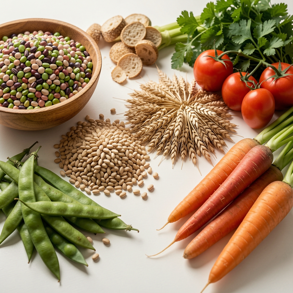 Verschiedene frische Lebensmittel aus unterschiedlichen Regionen – Hülsenfrüchte, Getreide und Gemüse auf einer hellen Arbeitsfläche in dokumentarischer Beleuchtung
