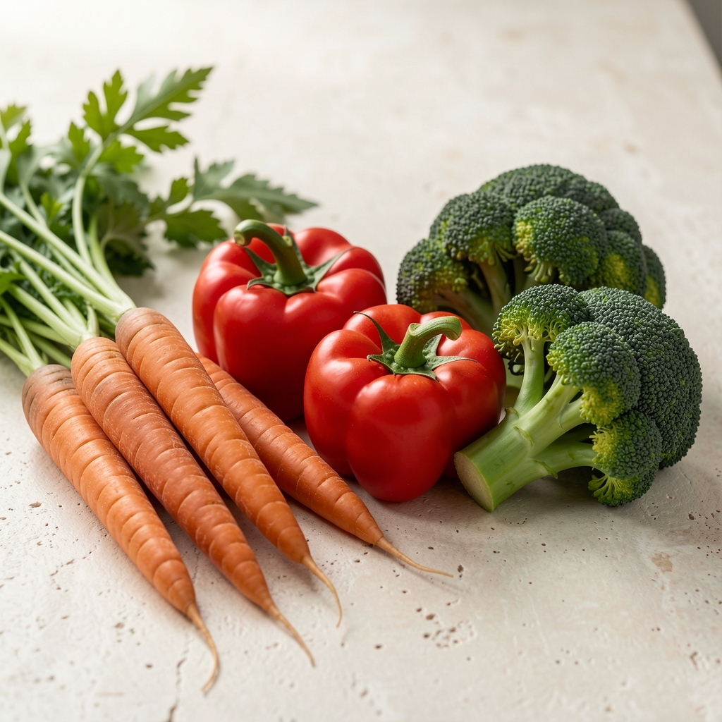 Nahaufnahme frischer Gemüsesorten – Karotten, Paprika und Brokkoli auf einem hellen Steintisch im dokumentarischen Stil
